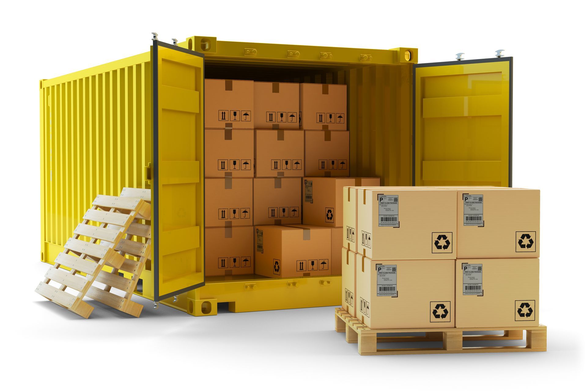 Open yellow shipping container filled with stacked cardboard boxes, with empty wooden pallets in front.
