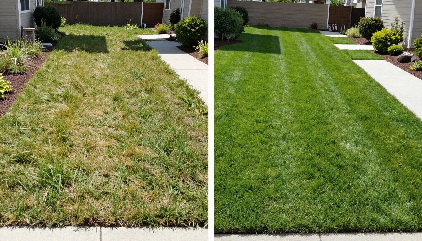 A side-by-side comparison of a neglected, patchy lawn and a vibrant, freshly mowed green lawn.