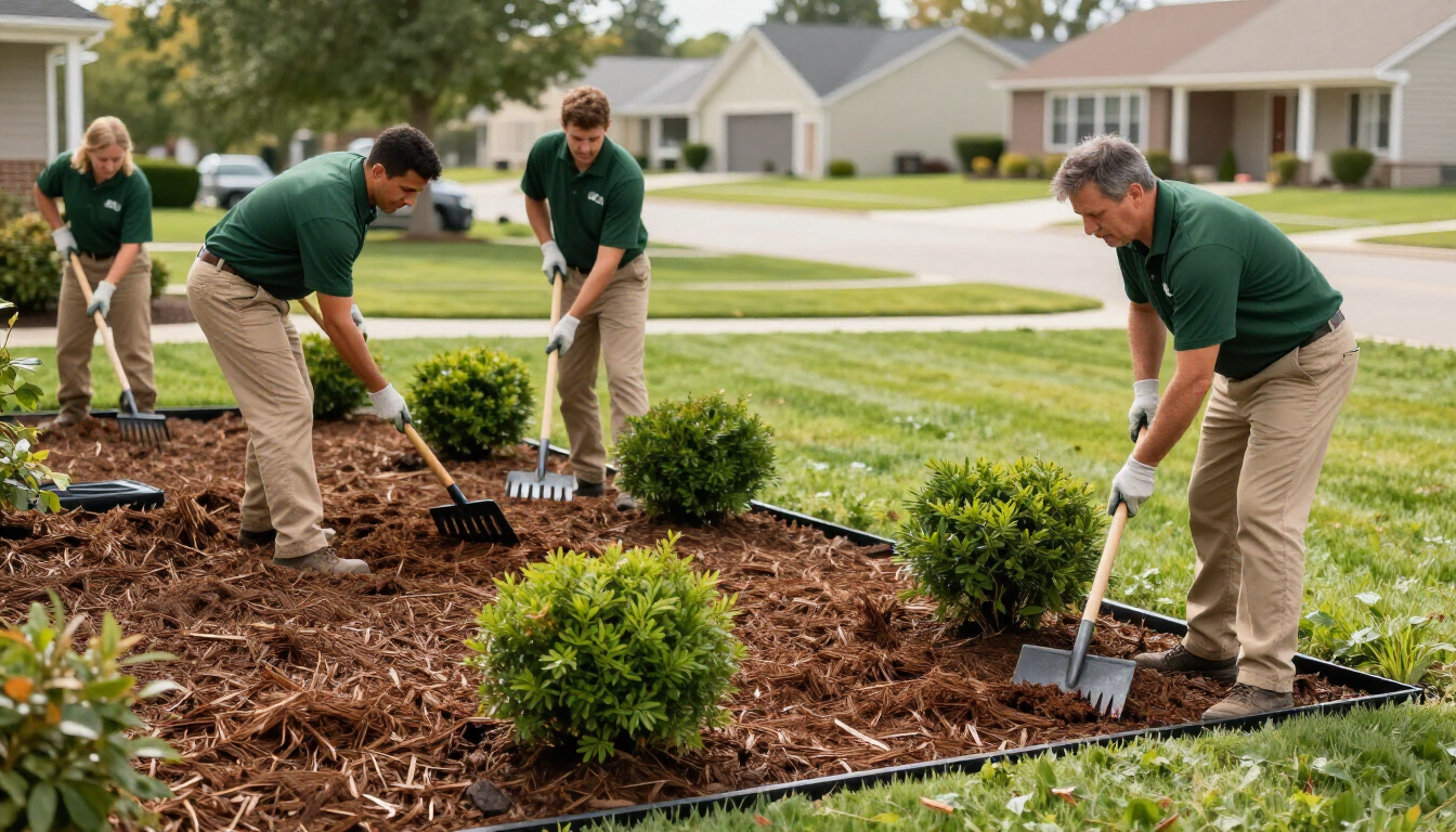 A team in green polo shirts and khaki pants uses shovels and rakes to spread mulch in a residential garden bed.