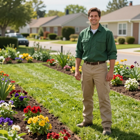 PB Lawn team member in a landscaped yard