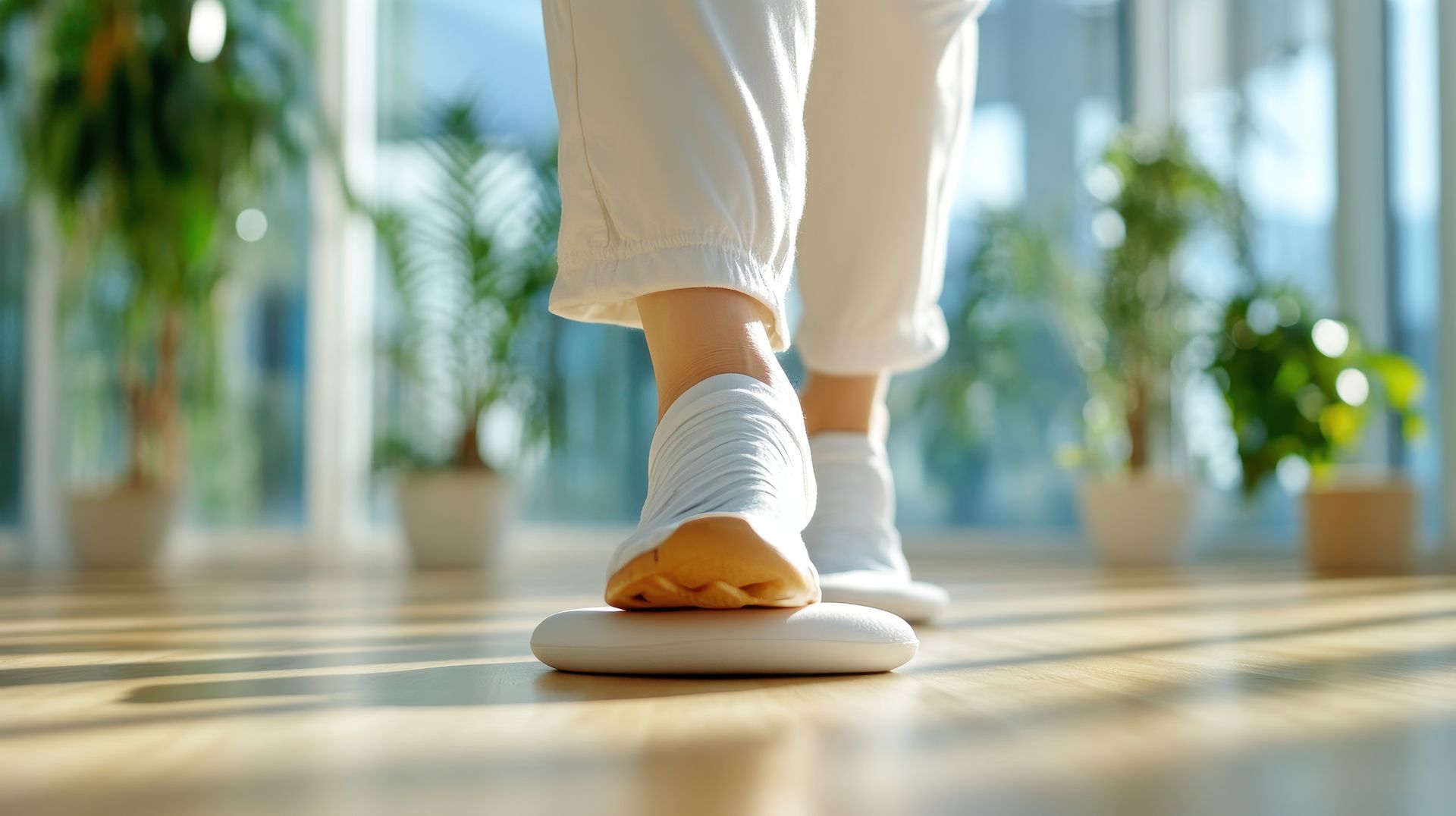 Eine Person läuft auf einem Balance Board auf einem Holzboden.