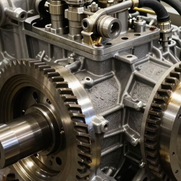 Primer plano de un motor metálico con engranajes, tuberías y componentes mecánicos visibles.