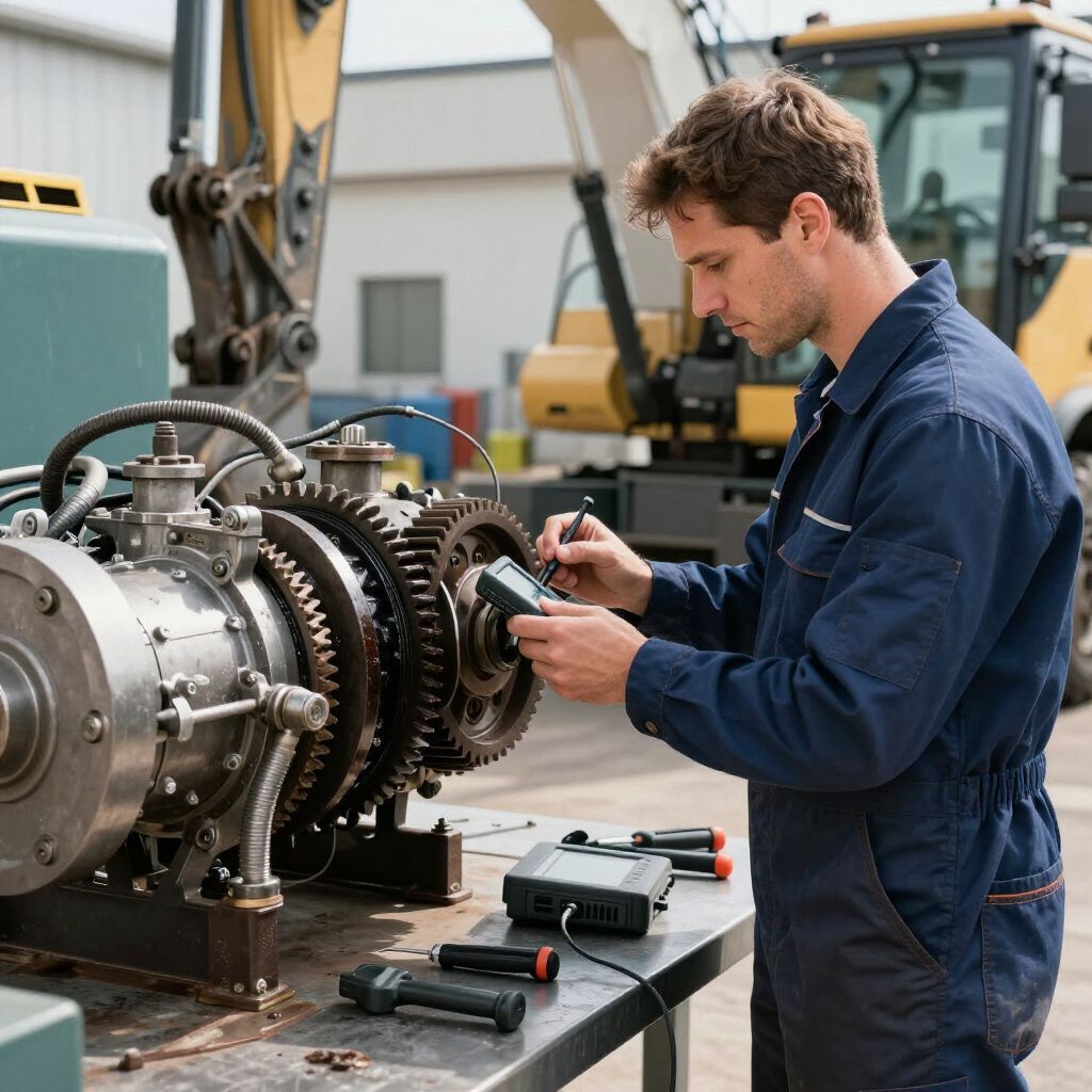 Mecánico con overol azul utilizando una herramienta de diagnóstico en engranajes industriales al aire libre.