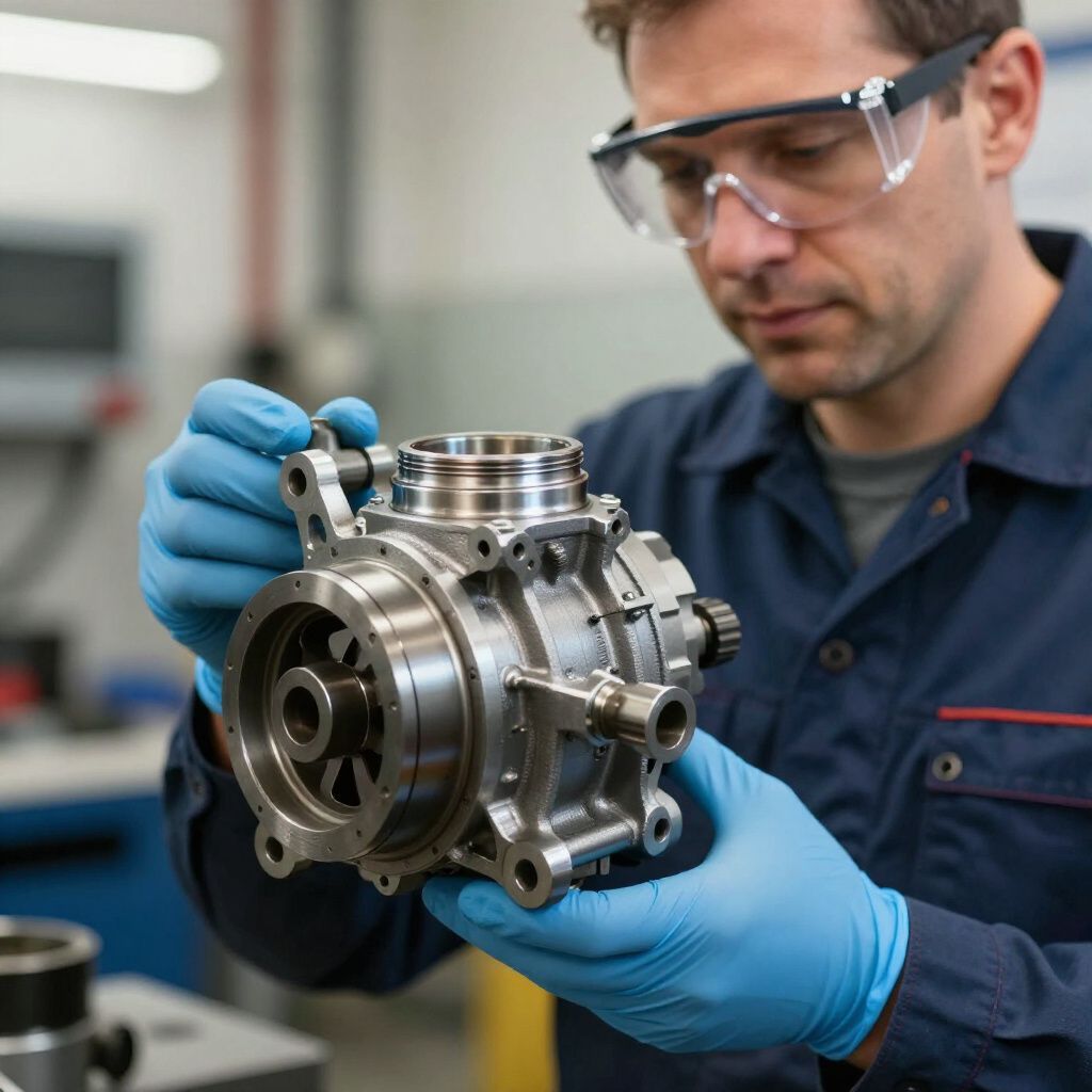 Mecánico con mono azul y guantes inspeccionando una pieza metálica, usando gafas de seguridad.