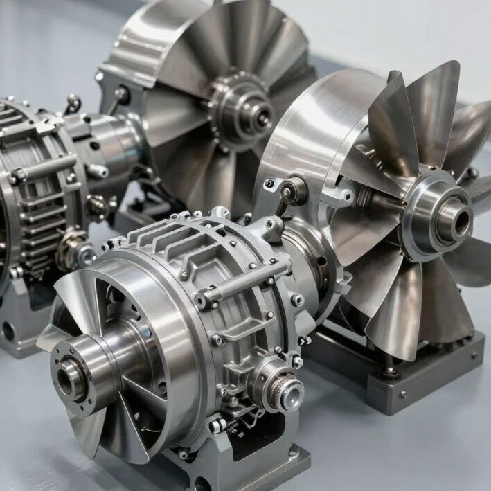 Cuatro motores de turbina metálicos sobre una superficie gris claro, que muestran las aspas del ventilador