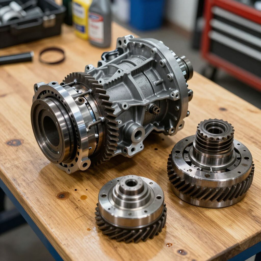 Conjunto de caja de cambios con engranajes sobre una superficie de madera en un taller.
