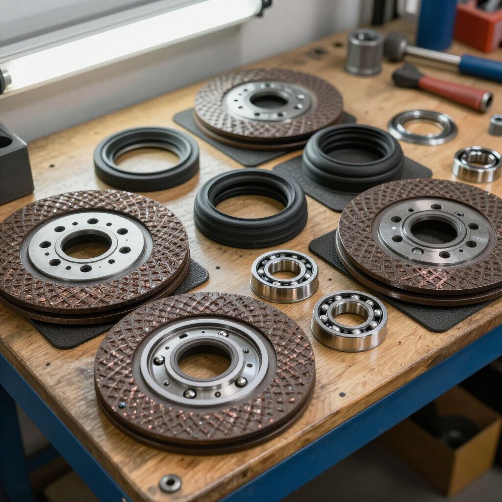 Componentes del rotor de freno en un banco de trabajo de madera: rotores, cojinetes, sellos de goma y herramientas.