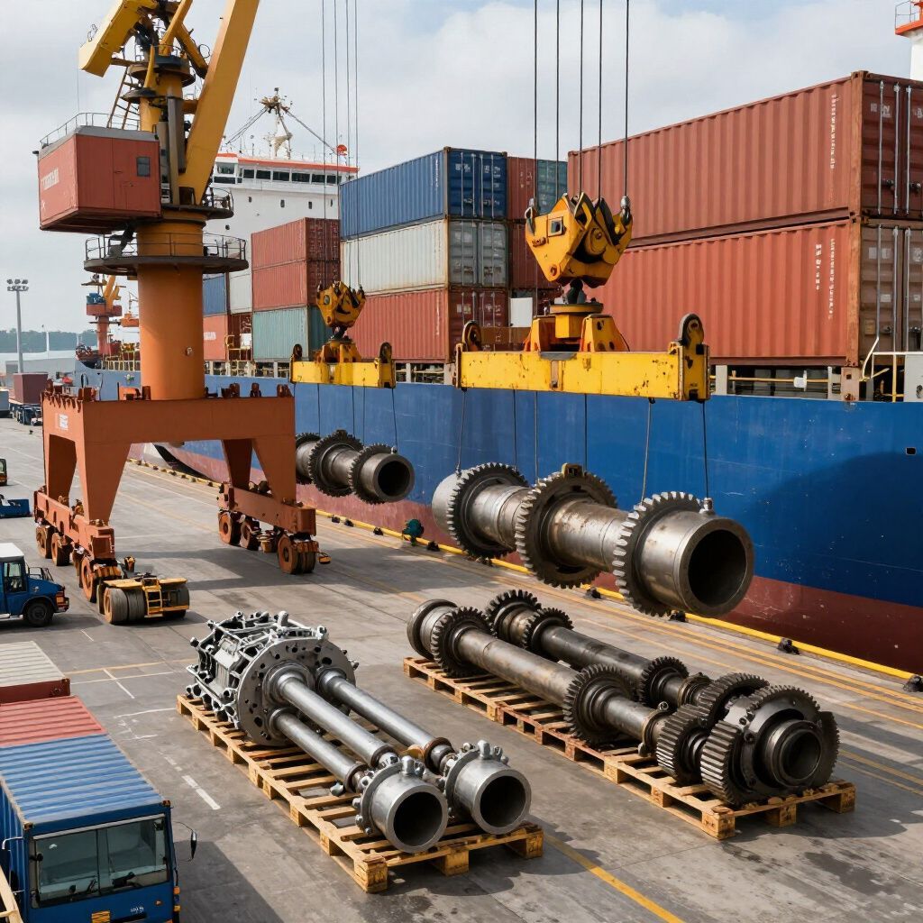 Equipos industriales de gran tamaño siendo cargados en un buque de carga en un puerto.