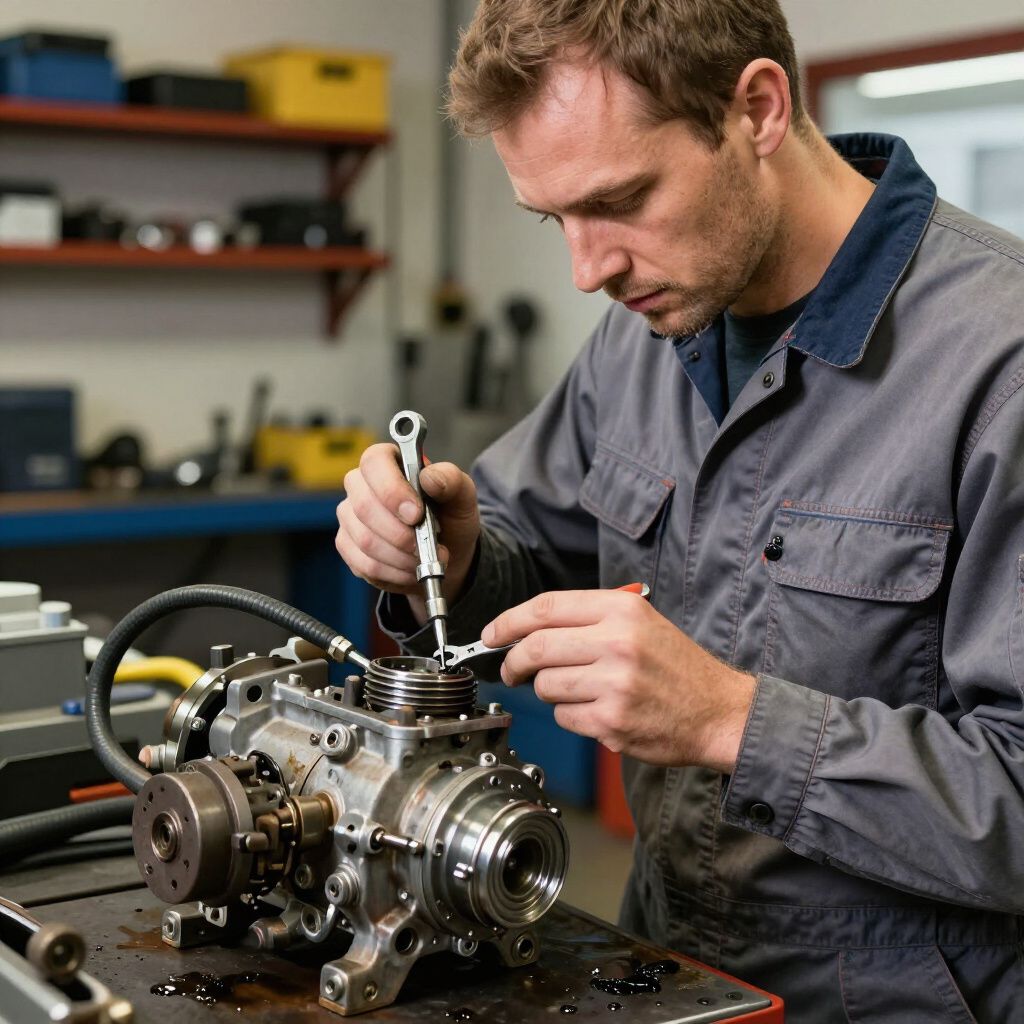 Mecánico con un mono gris trabajando en un motor con una llave inglesa en un taller.