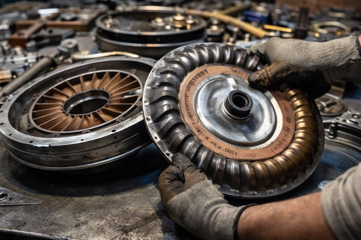 Manos sosteniendo un convertidor de par, con otro convertidor en un banco de trabajo, rodeado de piezas de automóvil.