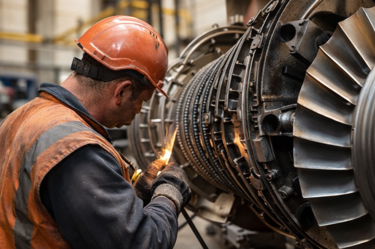 Mecánico soldando componentes de motores grandes en una fábrica, usando casco y chaleco de seguridad.