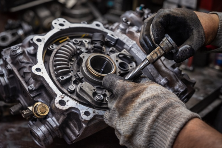 Manos de mecánico con guantes trabajando en el motor de un automóvil, utilizando una herramienta.