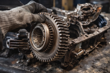 Mano enguantada sosteniendo un engranaje cerca de un motor abierto, mostrando los componentes internos.