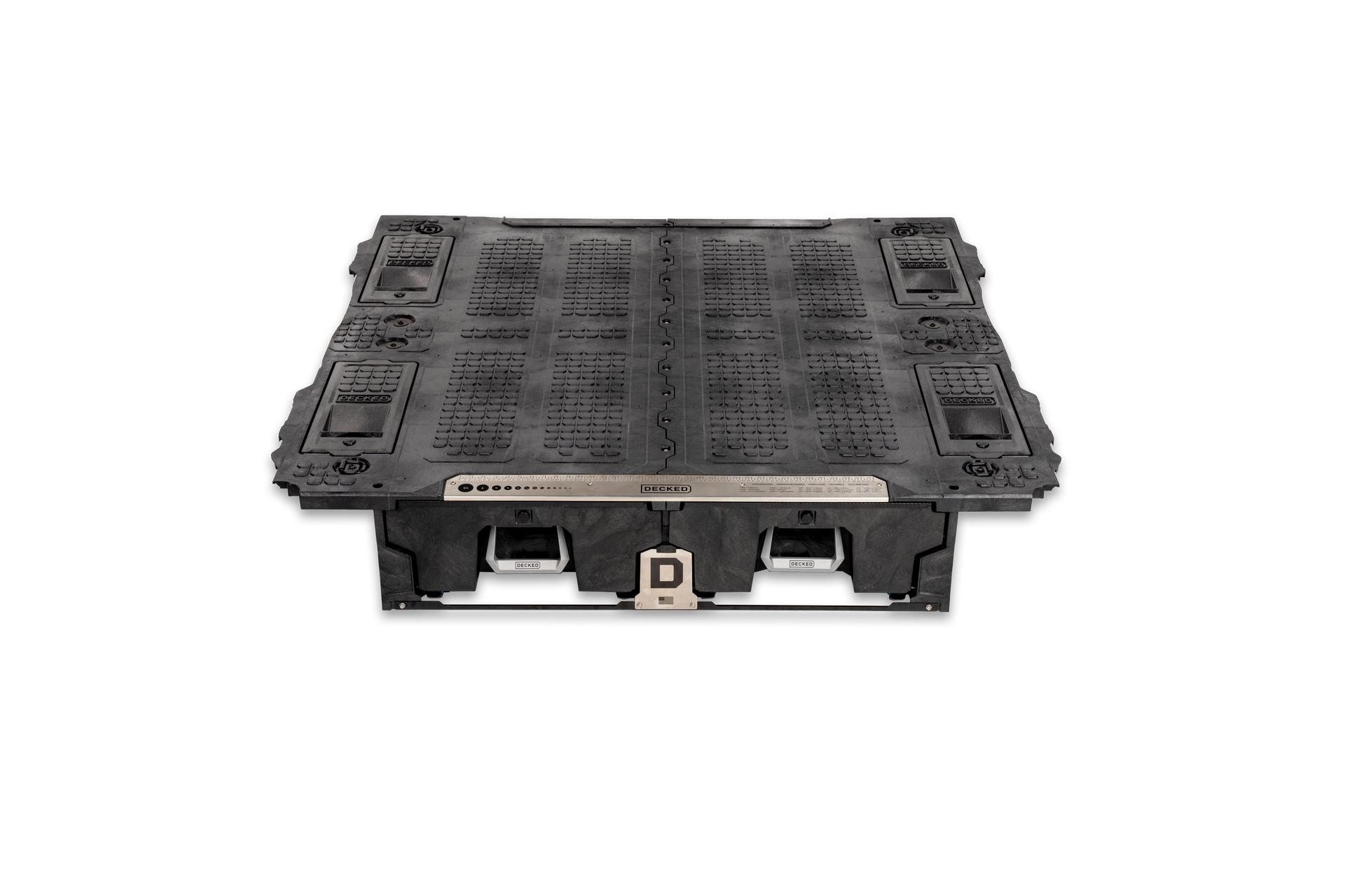A black box with a metal frame on a white background