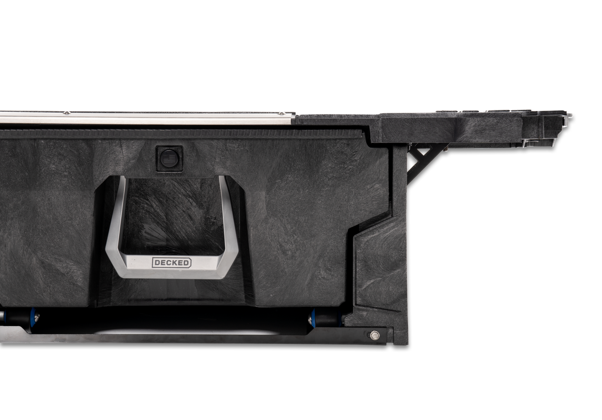 A close up of a black box with a handle on a white background.