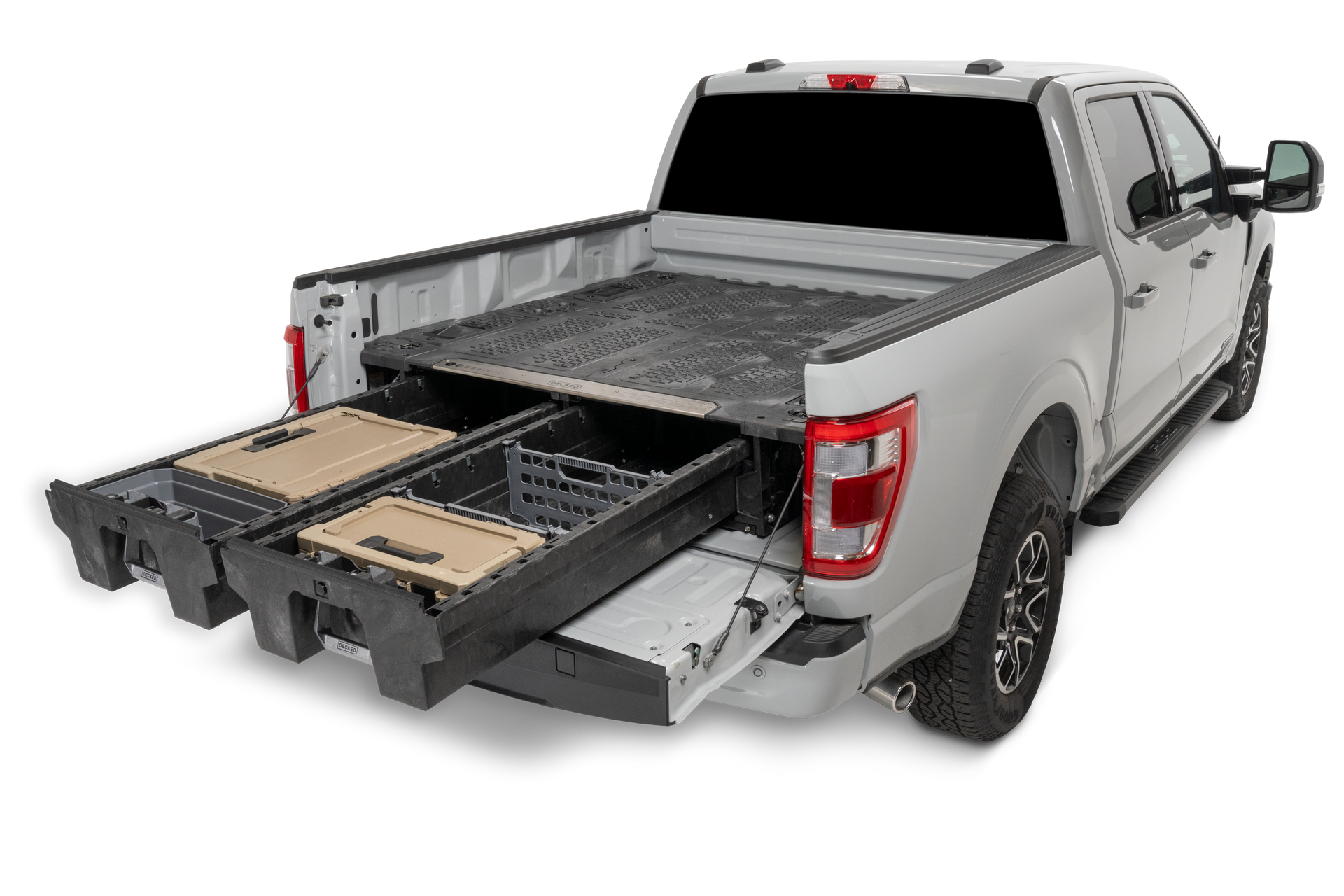 A white truck with two drawers in the bed on a white background.