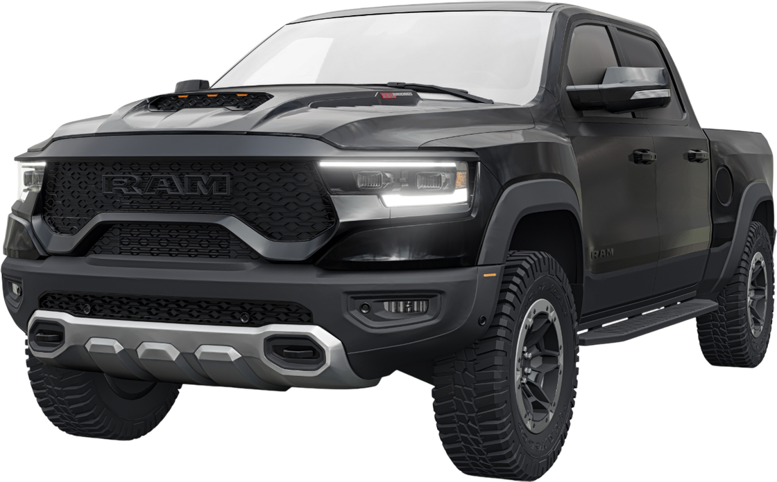 A black ram truck is shown on a white background.