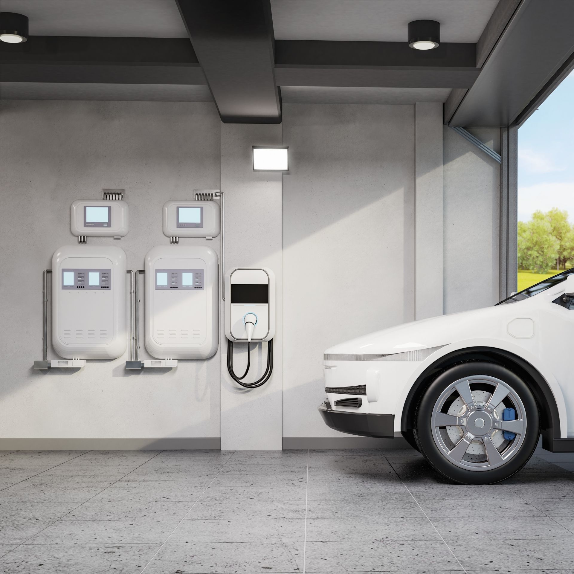 MJS Electrical Services - Electric car charging in a garage with multiple charging stations and a white car.