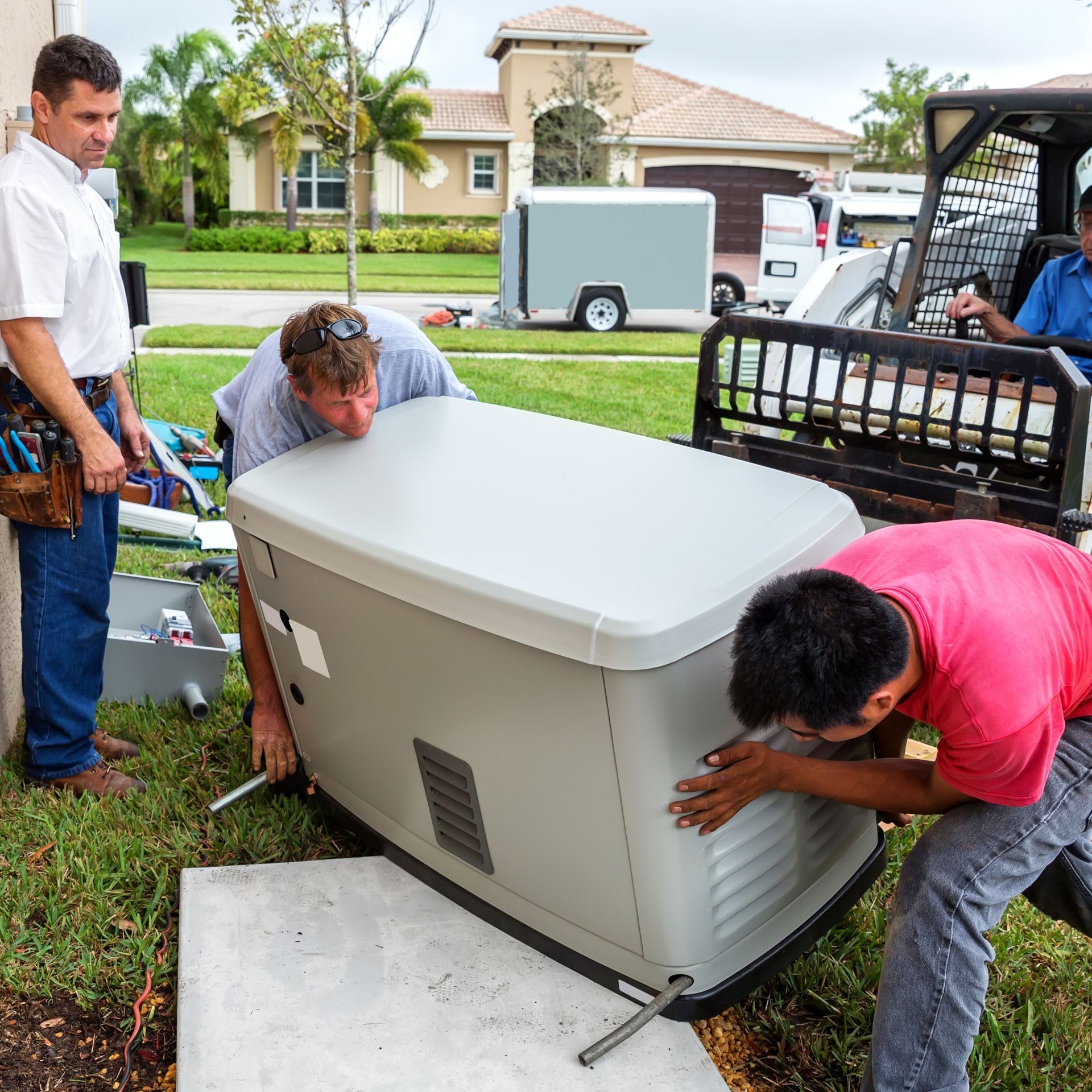 MJS Electrical Services - Four men installing a large gray generator in a suburban yard; a man in a skid steer assists.
