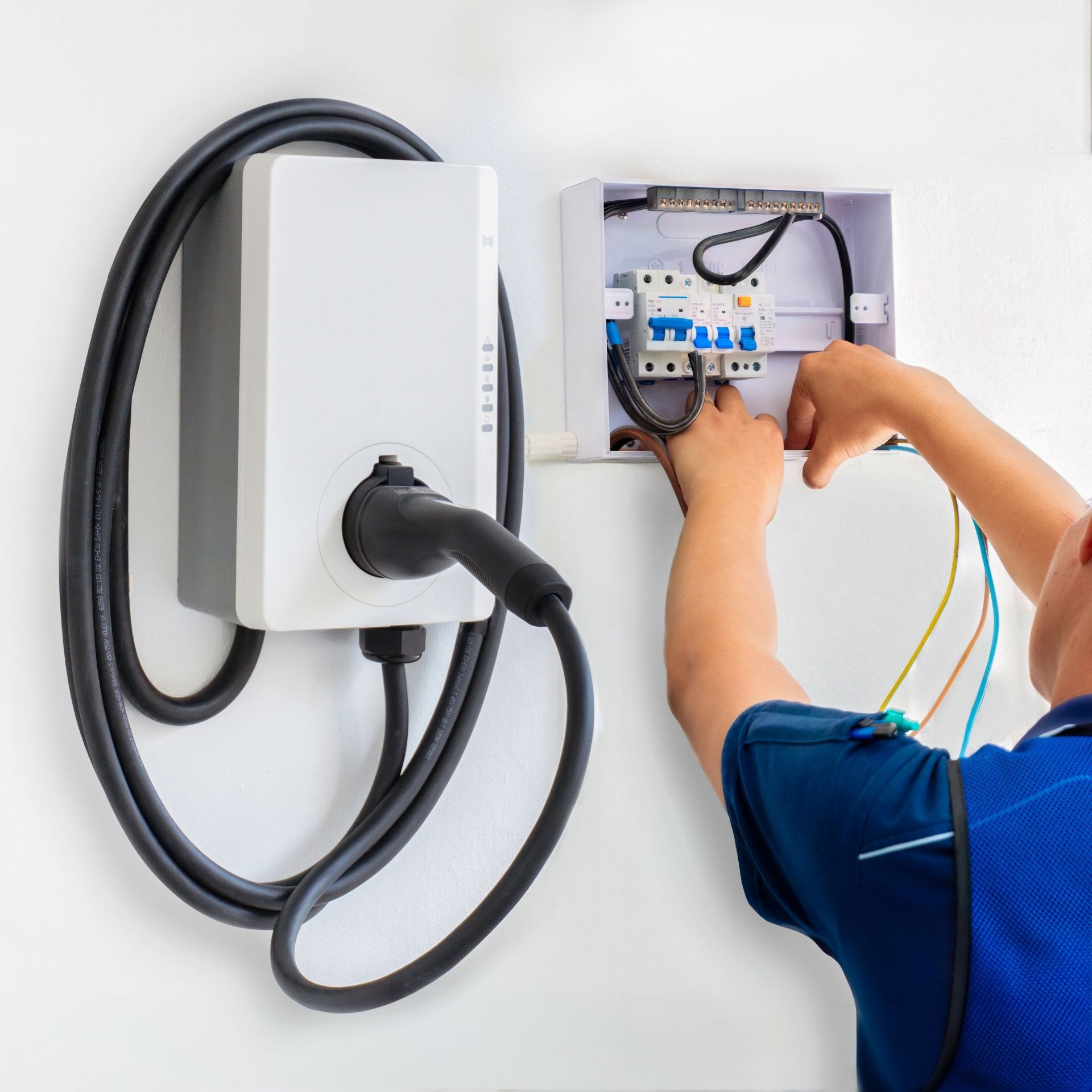 Electrician wiring an EV charger to a breaker box on a white wall.