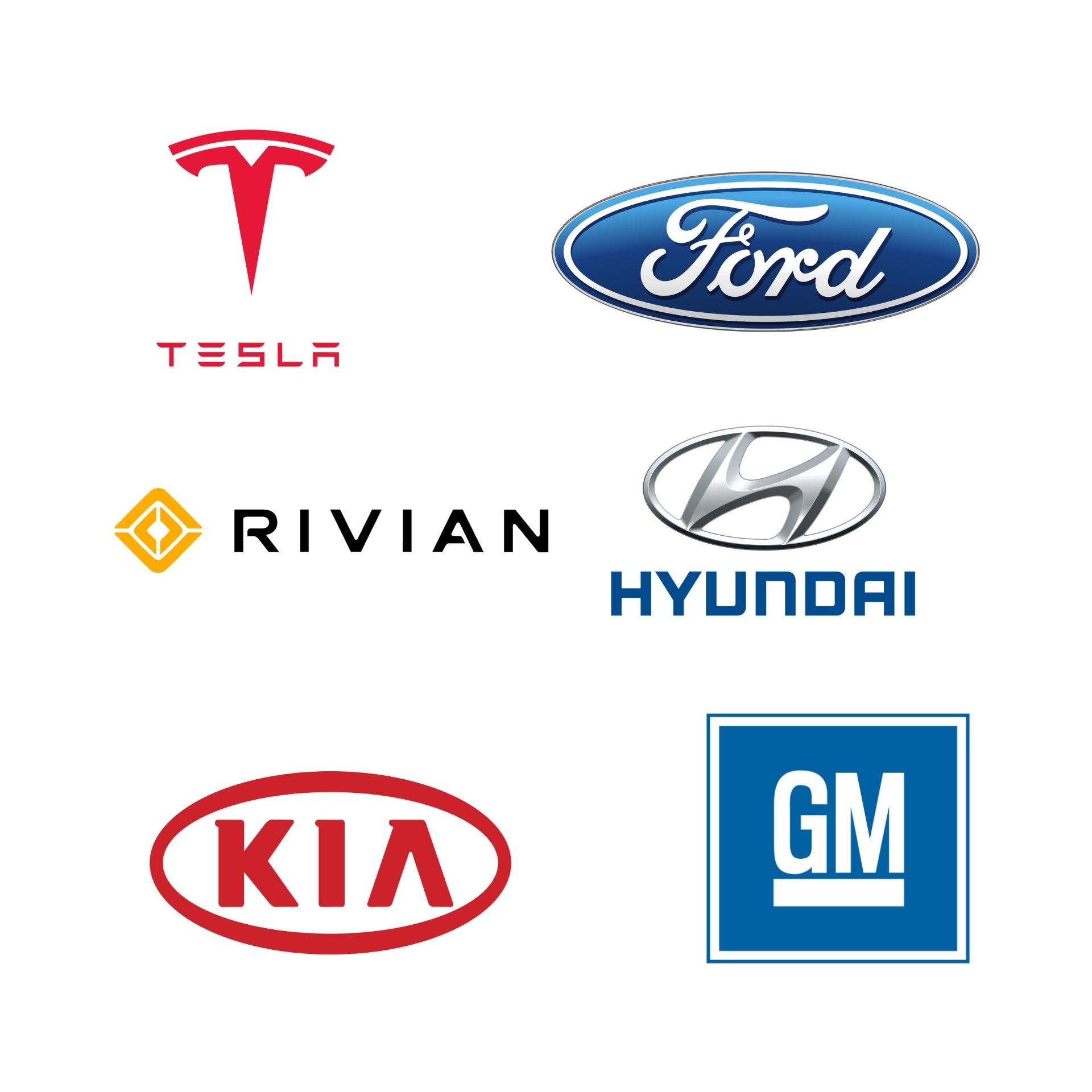 MJS Electrical Services - Logos of Tesla, Ford, Rivian, Hyundai, Kia, and GM car brands.