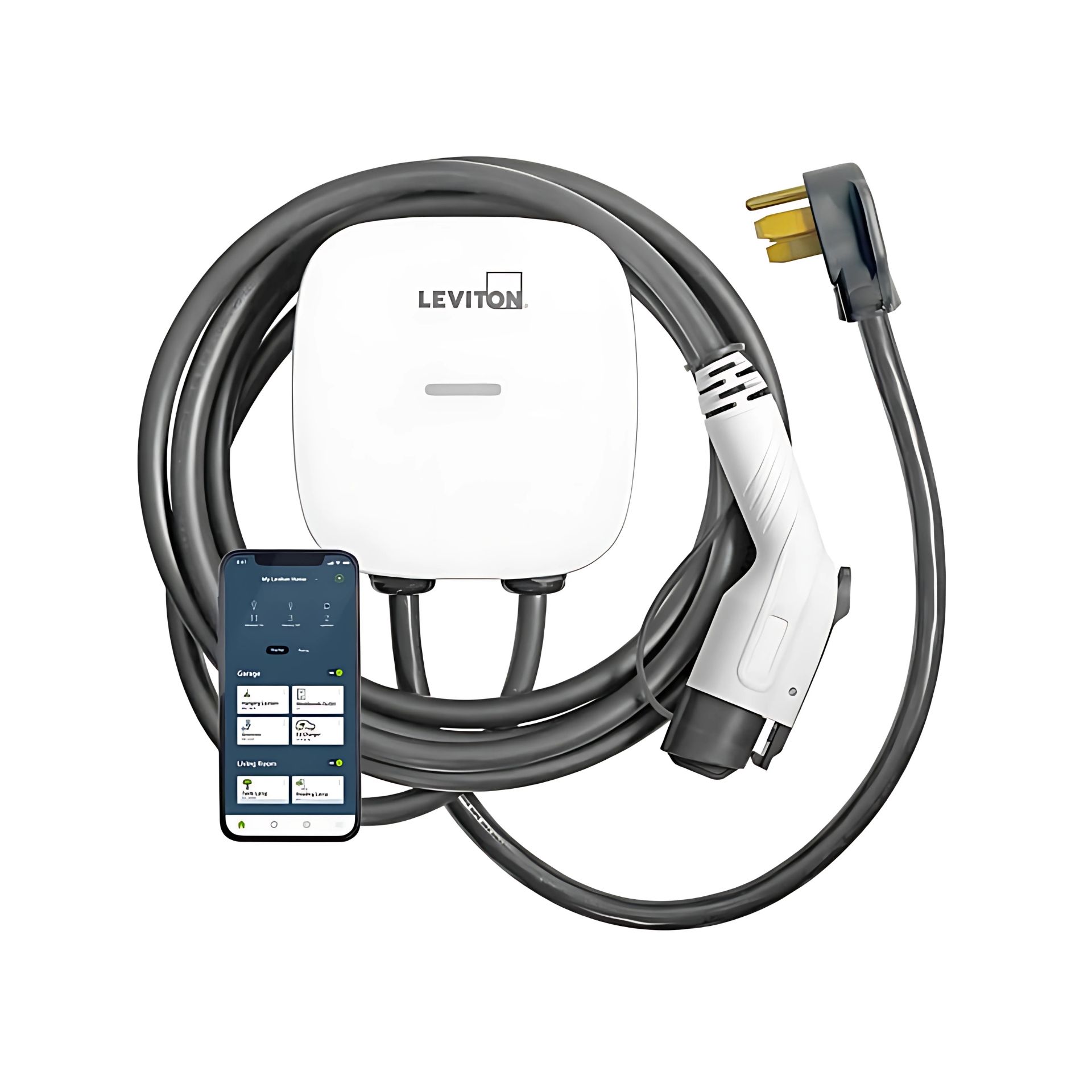 MJS Electrical Services - Leviton electric vehicle charger with a coiled gray cable, charging unit and smartphone screen.