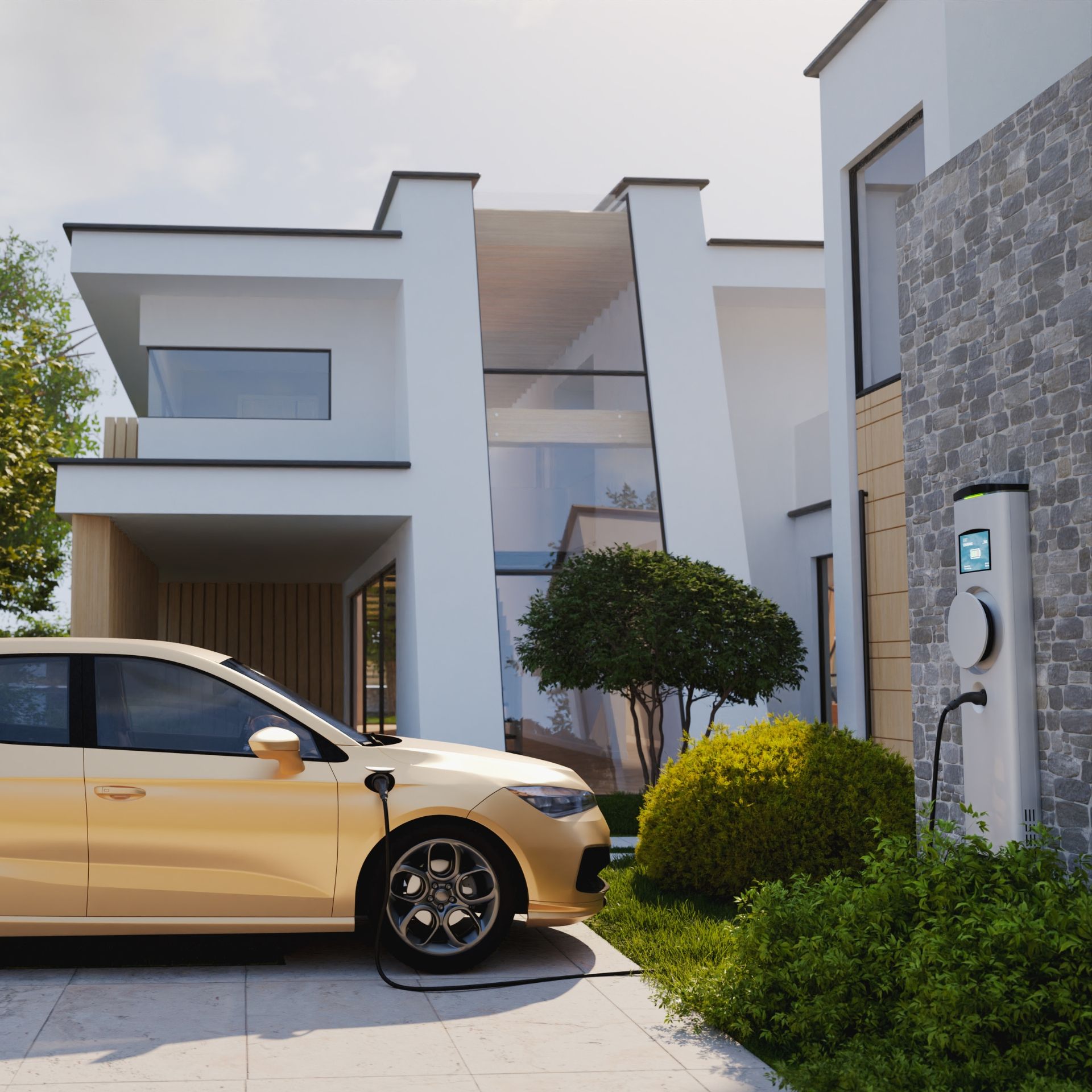MJS Electrical Services - Gold EV charging at a modern white house. A charging station is on the wall. Lush greenery.