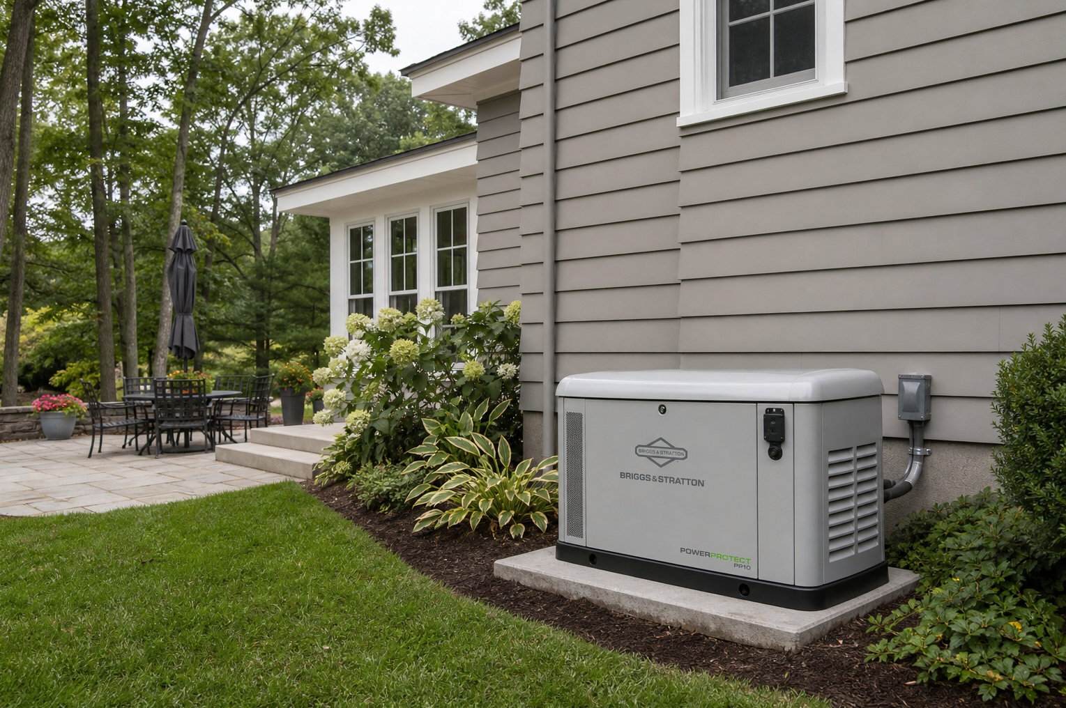 MJS Electrical Services - A gray generator on a brick patio next to a brick house with landscaping and windows.