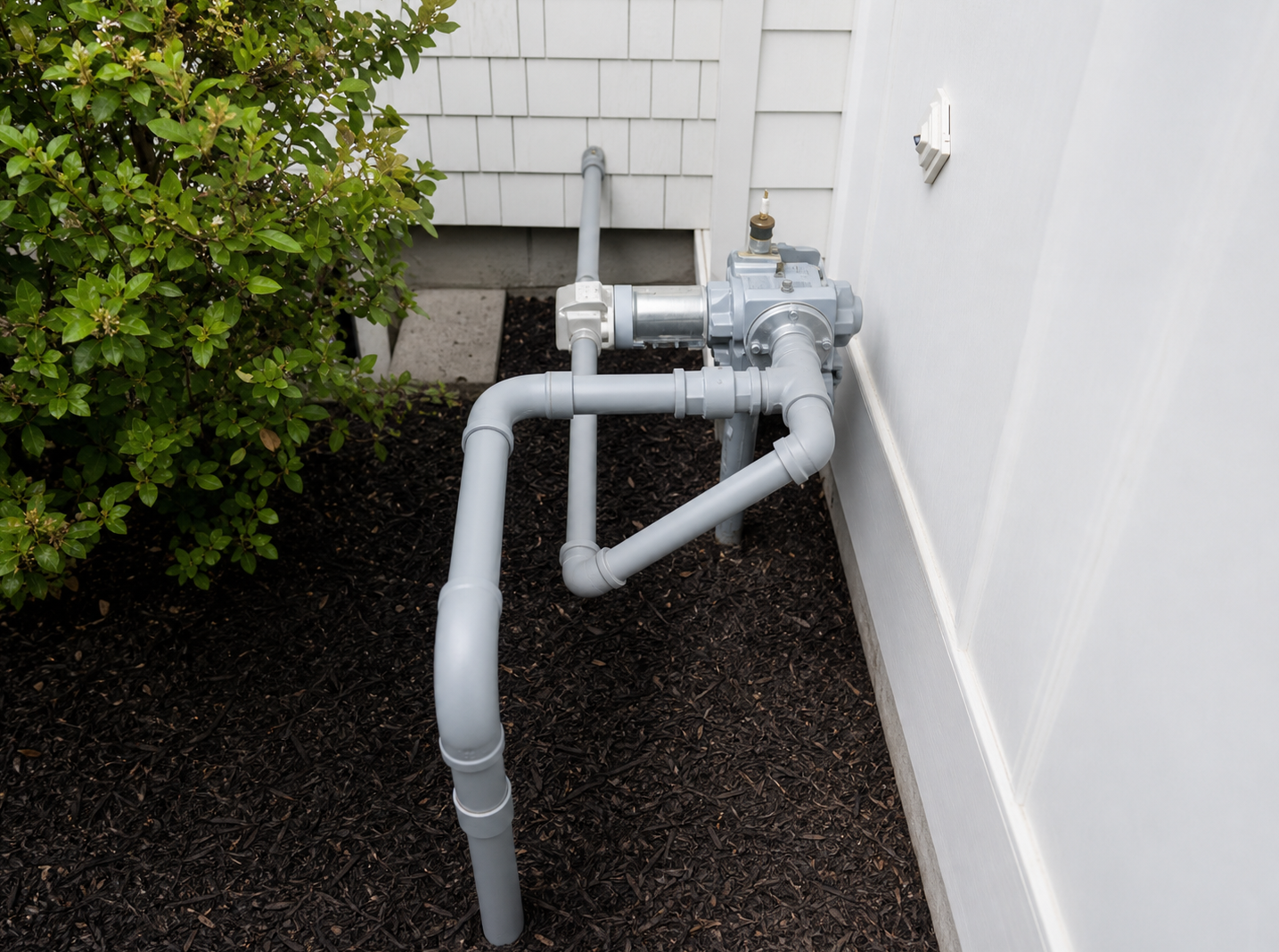 MJS Electrical Services - Plumber in blue overalls works on gas line outside brown building.