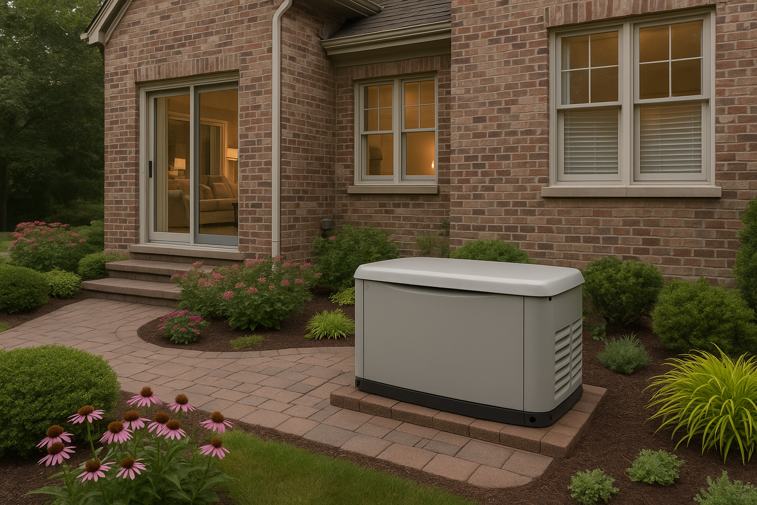 MJS Electrical Services - A gray generator on a brick patio next to a brick house with landscaping and windows.