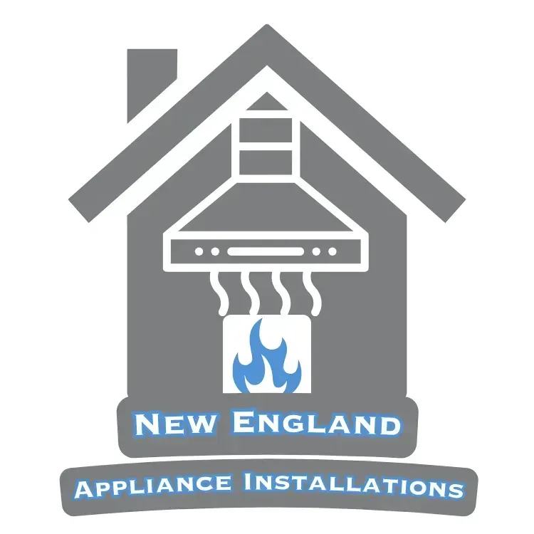 A logo for new england appliance installations shows a house with a chimney and a fire coming out of it.