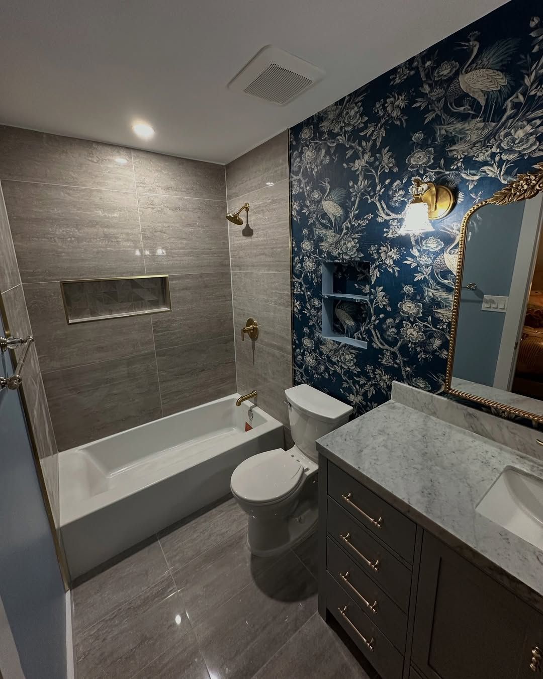 Luxury bathroom remodel with custom tile shower and wallpaper NJ
