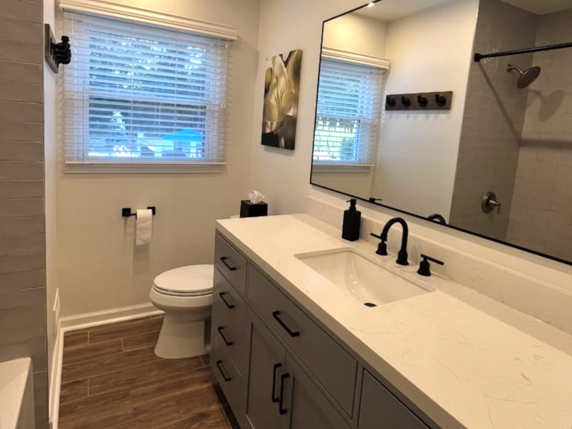 Modern bathroom remodeling with double vanity and mirror NJ