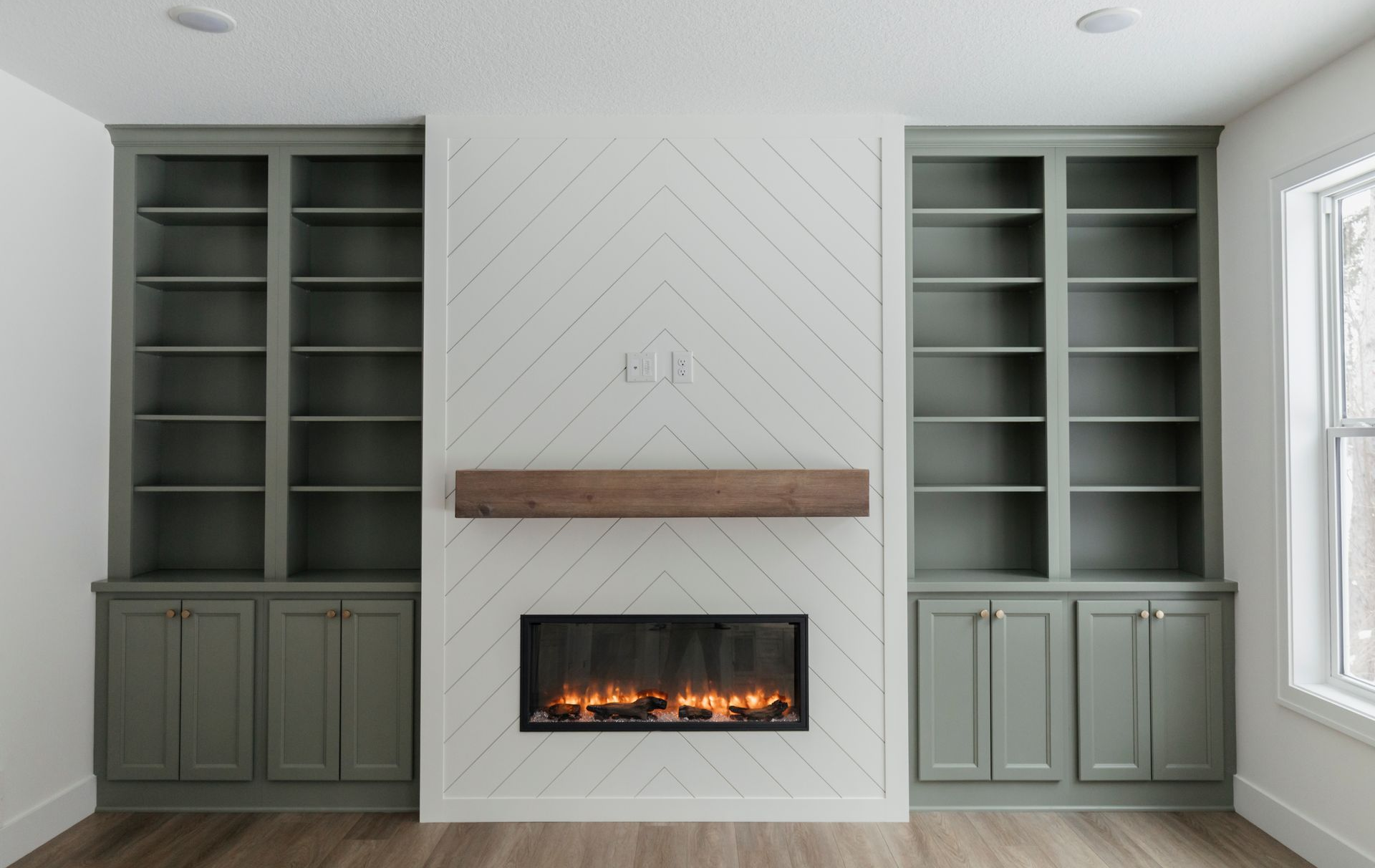 Custom built in fireplace wall with shelving and modern design NJ