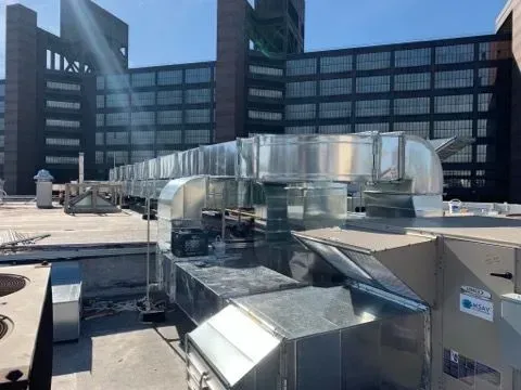 A rooftop ductwork installation
