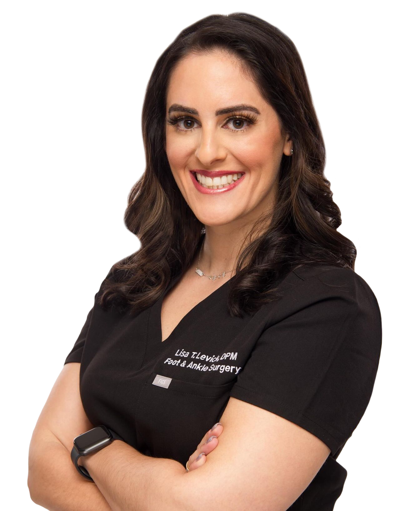 Woman in black scrubs, smiling with arms crossed.