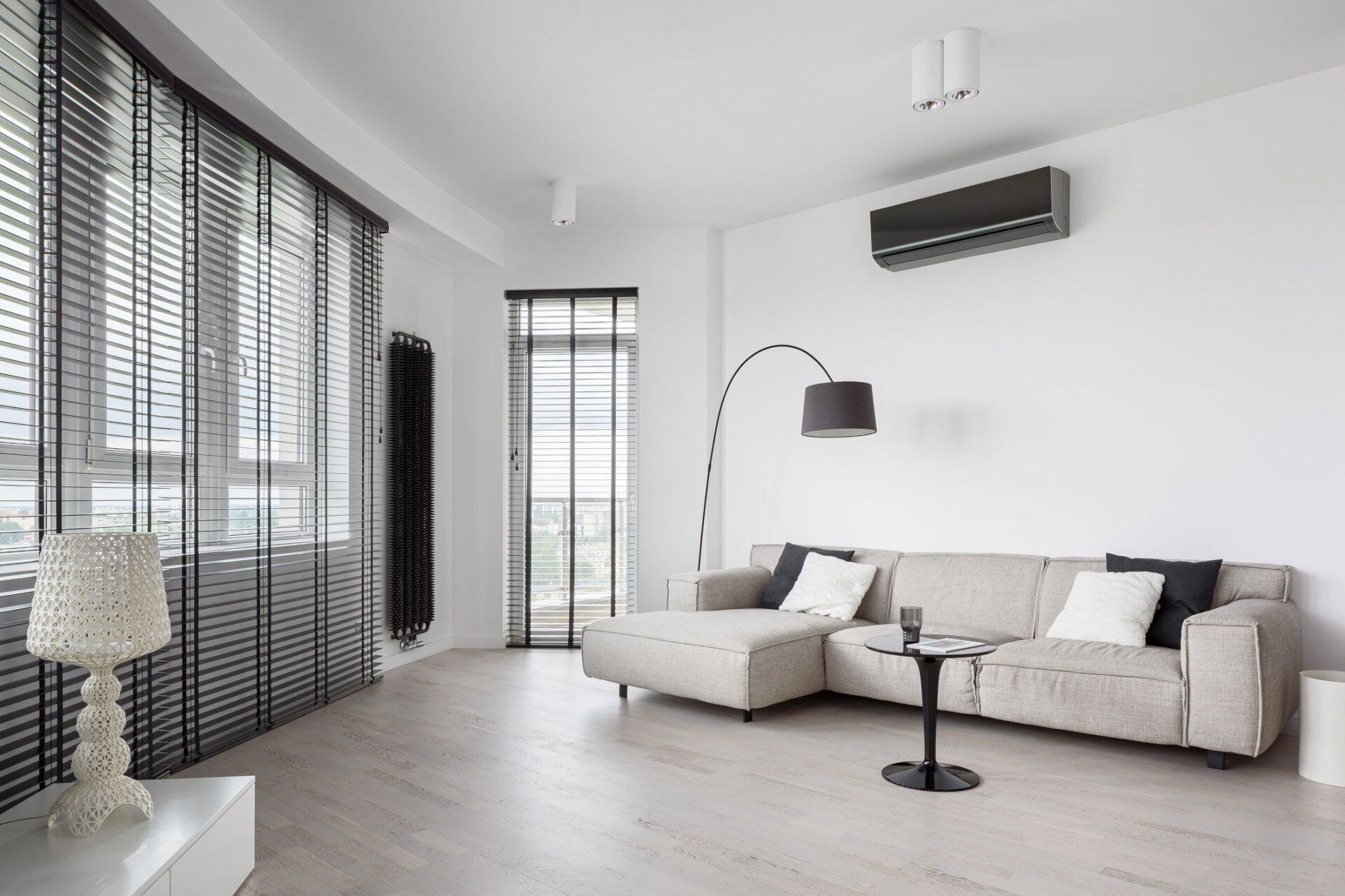 Black & White Living Room Interior — Brisbane, QLD — Sun Stop Blinds