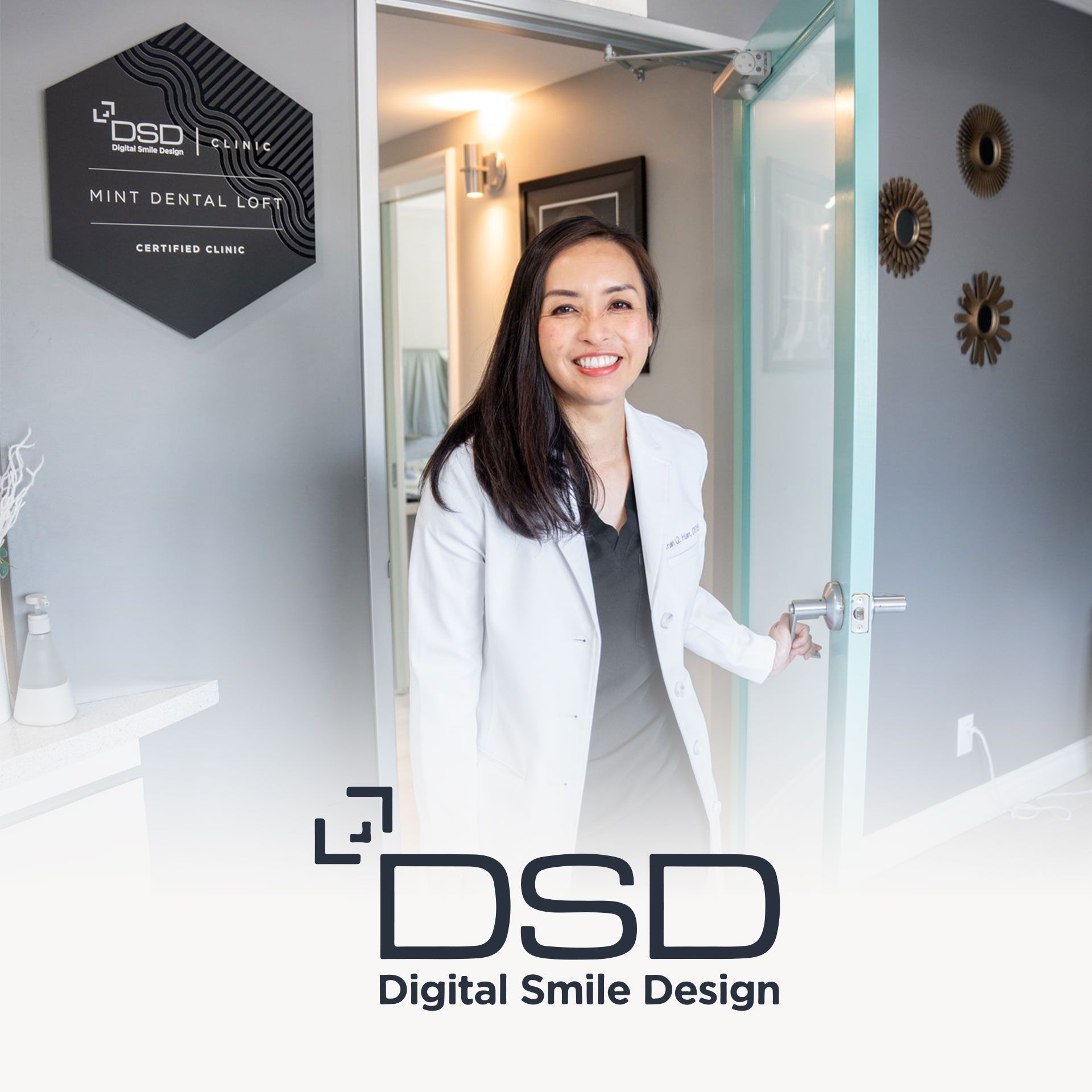 An image of Dr. Han opening a door to the office with the Digital Smile Design logo overlayed on the image