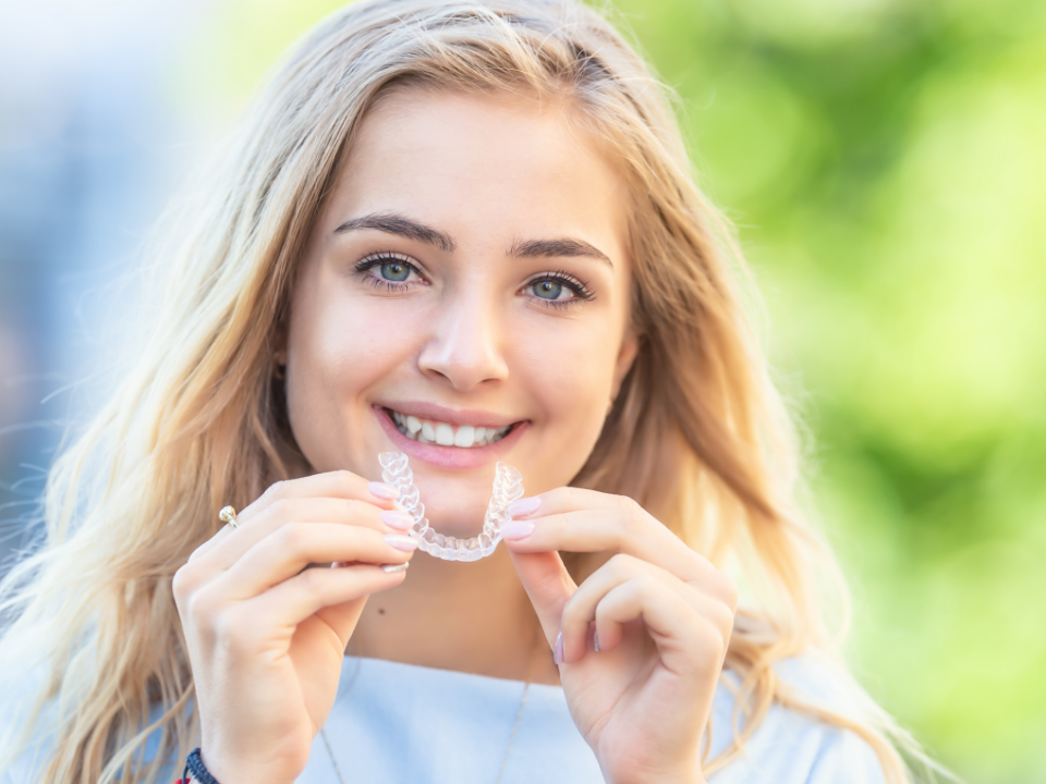A photo of a young woman smiling with an Invisalign® aligner