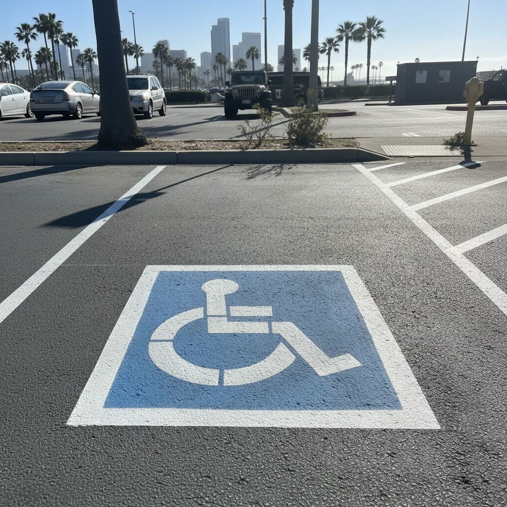 ADA handicap parking space striping in Long Beach CA with clear blue markings and accessibility layout