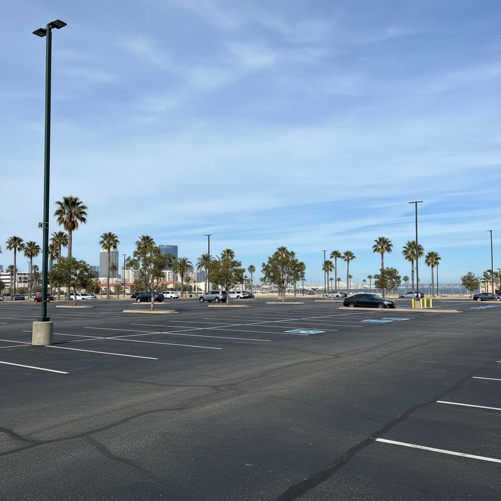 Large commercial parking lot in Long Beach CA with fresh striping and wide asphalt layout