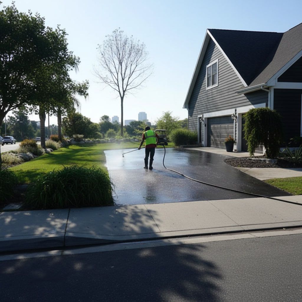 Worker applying sealcoating to residential driveway in Long Beach CA with fresh asphalt finish