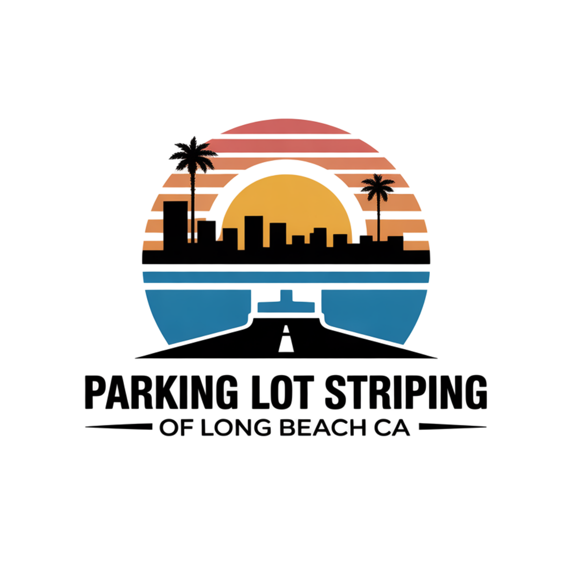 Parking Lot Striping of Long Beach CA logo with sunset design and professional pavement marking branding