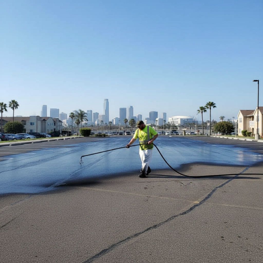 Worker applying sealcoating to a parking lot in Long Beach CA with skyline and fresh asphalt surface
