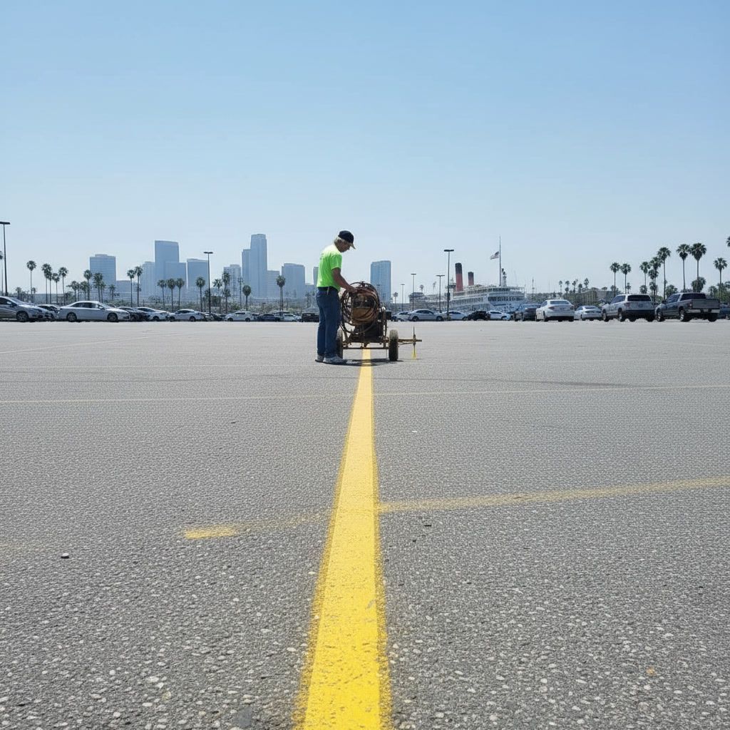 Worker using parking lot striping machine painting yellow line in Long Beach CA asphalt lot