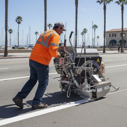 Worker using line striping machine to apply white line on asphalt parking lot for traffic control
