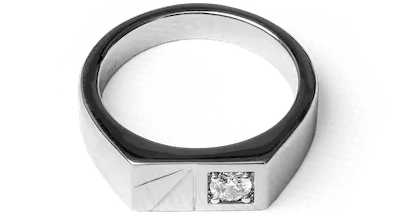 A silver ring with a diamond in the center on a white background.