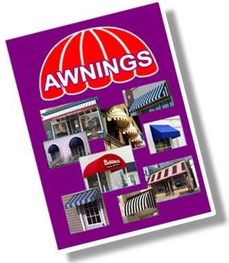 A purple poster with awnings on it