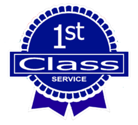 A blue badge that says 1st class service