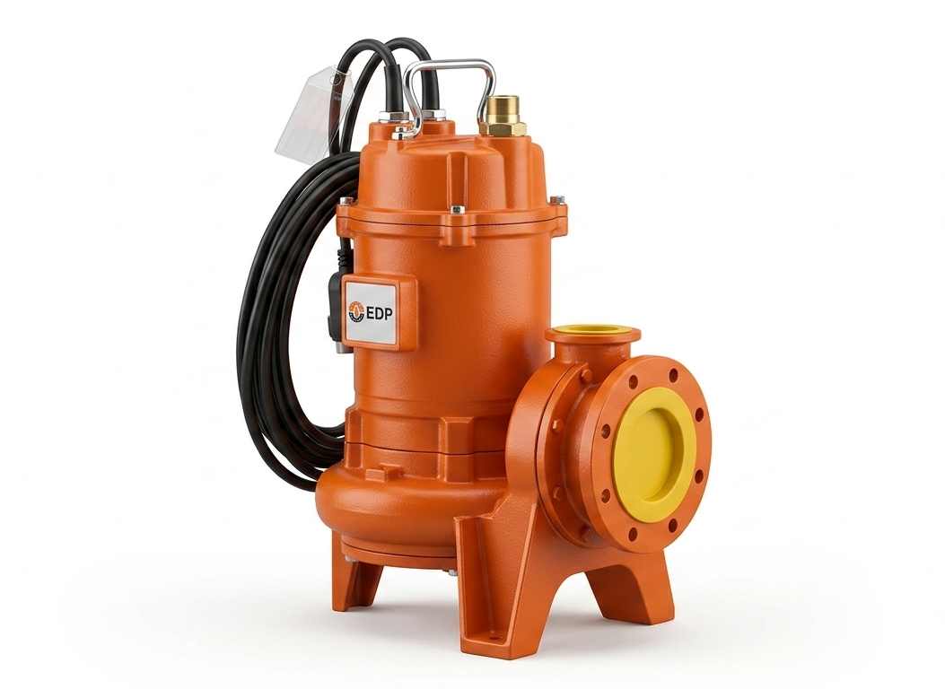 Conjunto de motor eléctrico industrial azul y bomba con manijas de válvula naranjas sobre una superficie blanca.